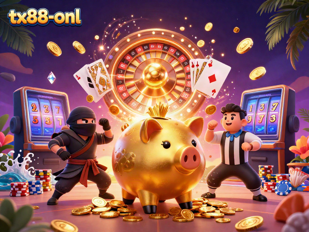 Engage in thrilling slots action with tx88-onl, featuring a dynamic golden piggy bank sumo wrestler and vibrant casino elements.