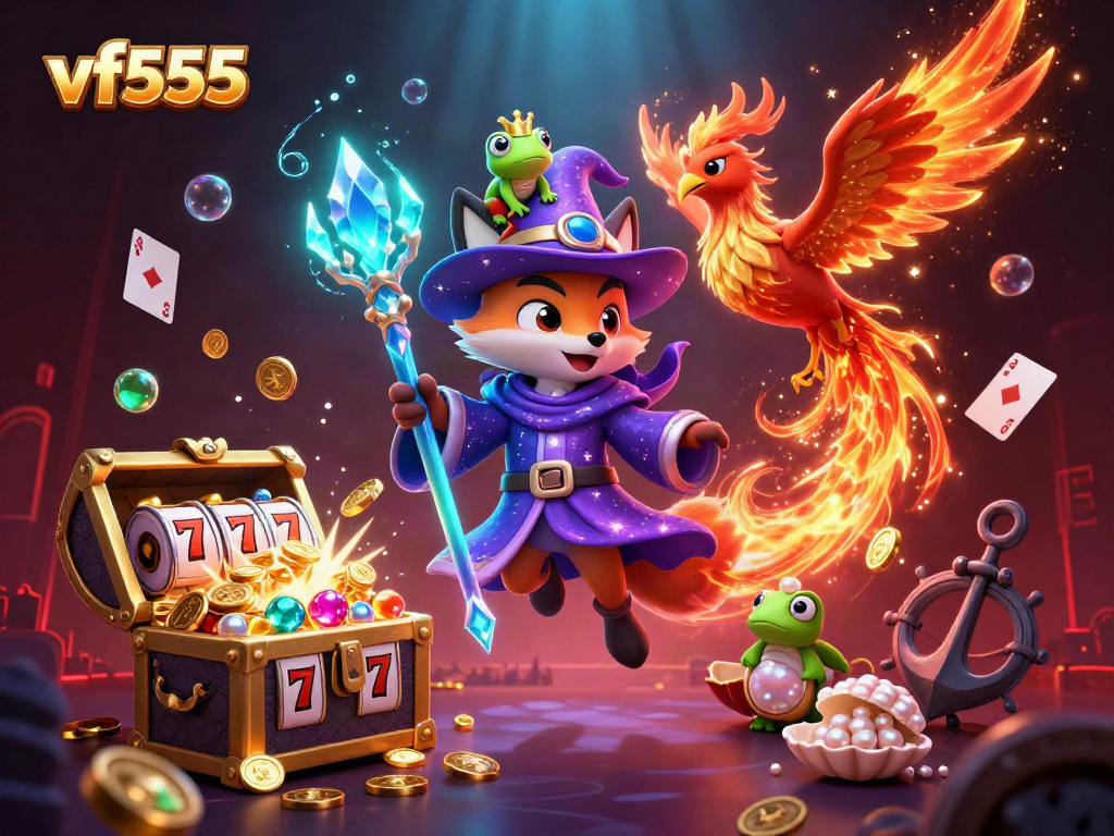 Engage with vf555 in a vibrant casino scene featuring magical characters and dynamic game elements.