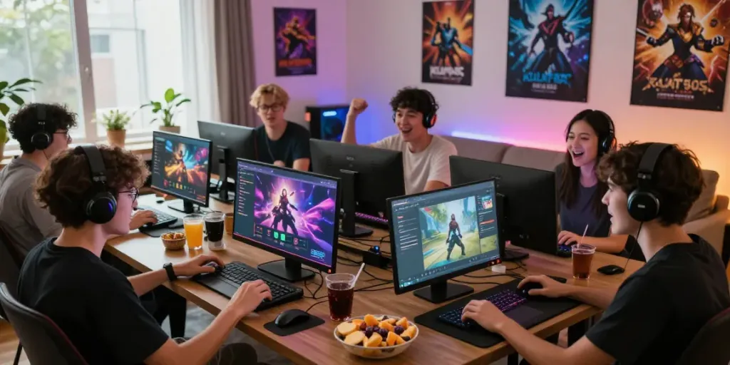 Kilat404 gaming experience with friends enjoying multiplayer games in a cozy living room.