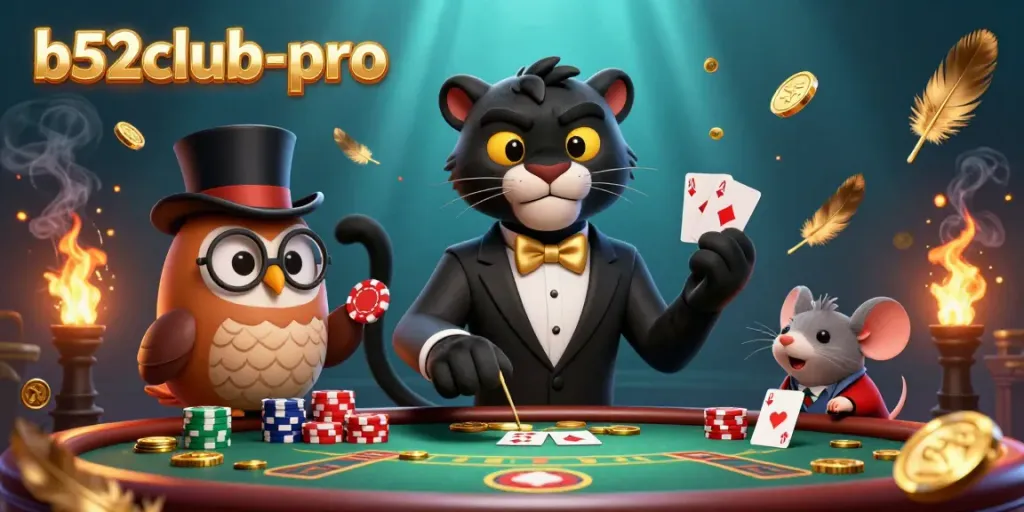 Deal cards elegantly in the vibrant b52club-pro casino world with stylish characters and dynamic elements.