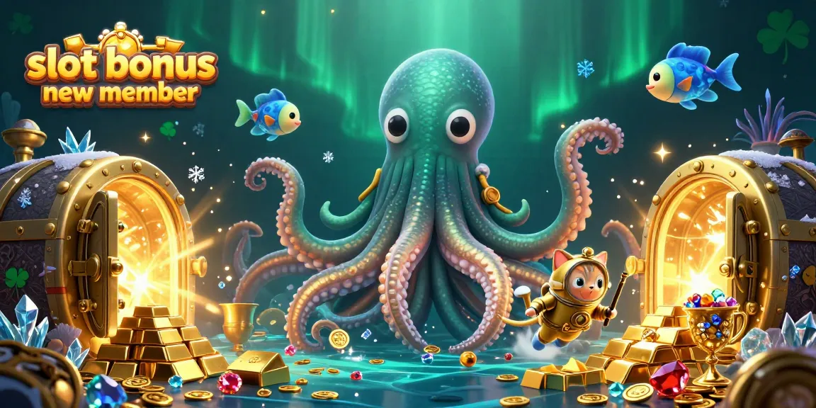 Engage with the excitement of a slot bonus new member in this 3D underwater adventure scene featuring a kraken, diving cat, and treasure.