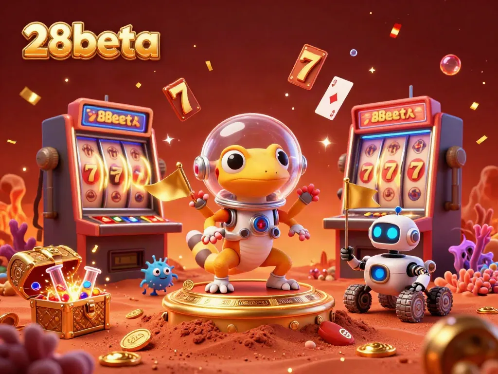Experience lively 28beta gaming action with cartoon characters and vibrant casino elements.