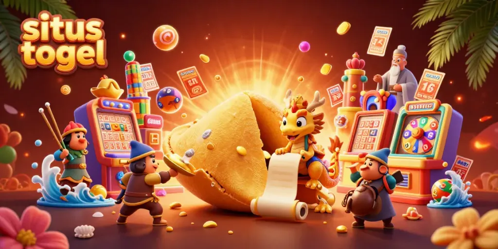Engage with situs togel excitement as a tiny dragon reads fortunes from a golden cookie amidst lottery elements.