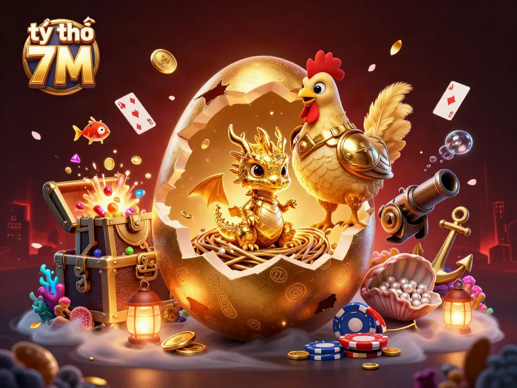 Experience the action of tỷ lệ 7M with vibrant golden dragons and poker chips in a 3D casino scene.