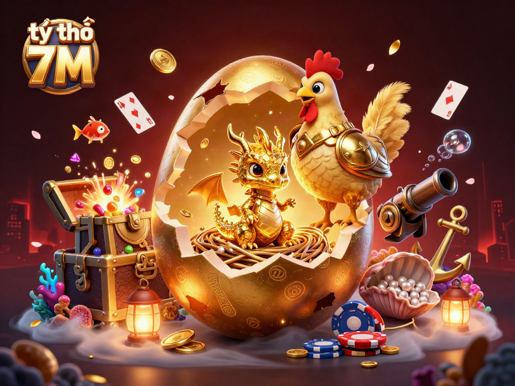 Experience the action of tỷ lệ 7M with vibrant golden dragons and poker chips in a 3D casino scene.