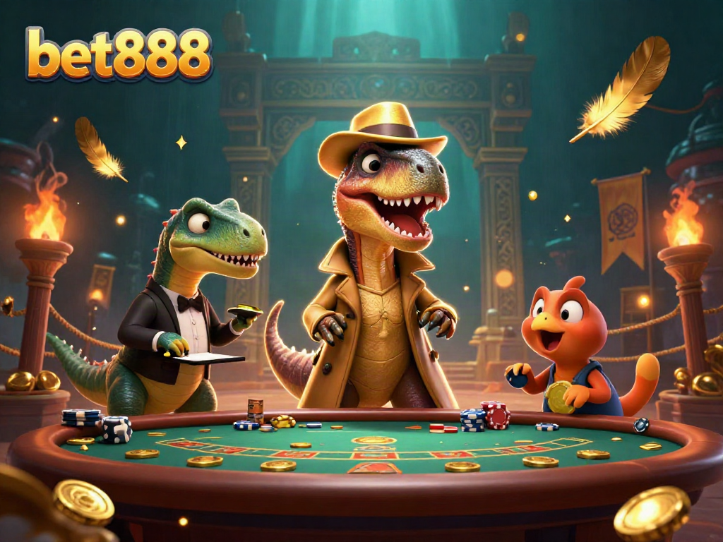 Experience the thrill of bet888 with a velociraptor card counter and a stegosaurus pit boss in an exciting casino scene.