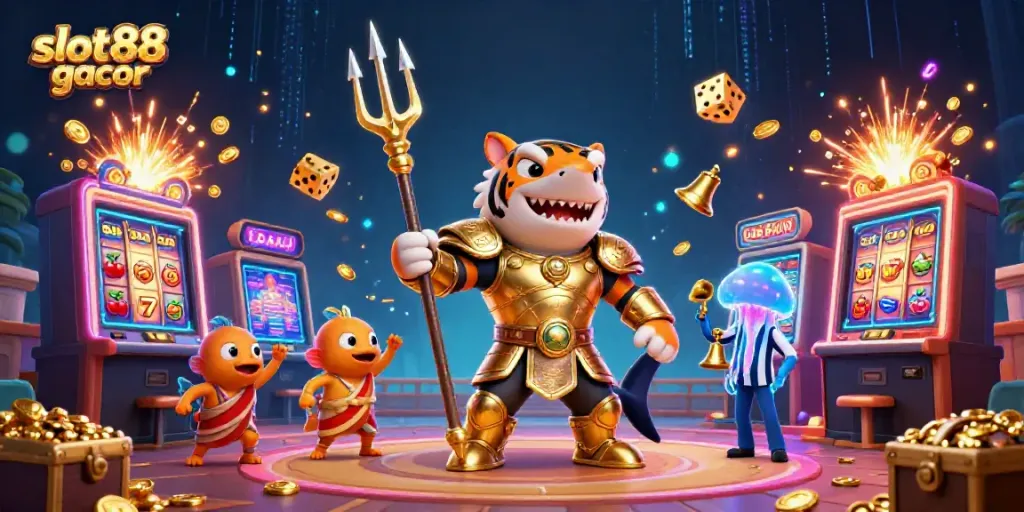 Visualisasi slot88 gacor dengan karakter hiu dan elemen kasino yang berwarna-warni, menggambarkan suasana permainan jackpot.