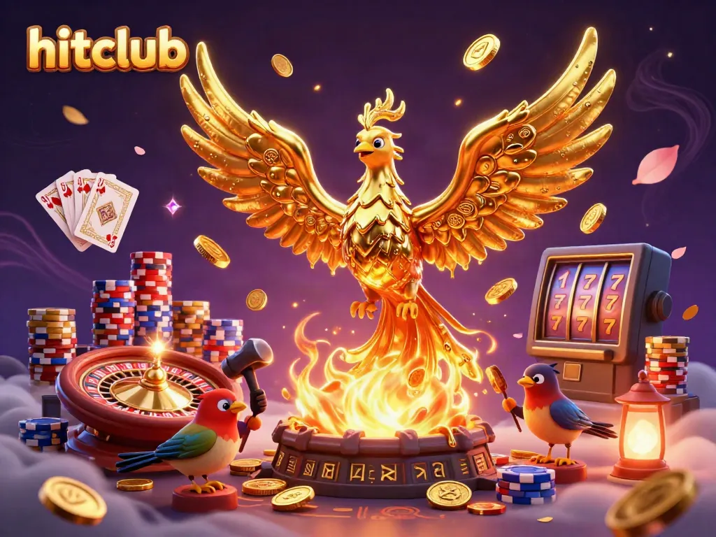 Hitclub features a golden phoenix emerging from a forge, embracing casino elements like roulette and sparkling coins.
