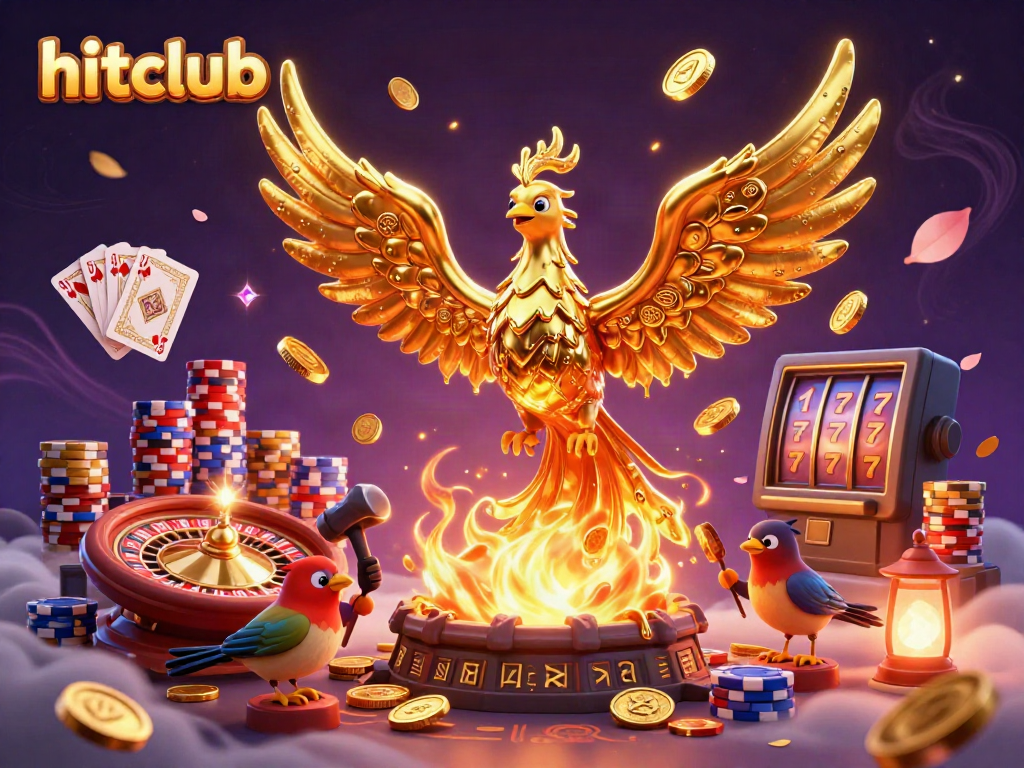 Hitclub features a golden phoenix emerging from a forge, embracing casino elements like roulette and sparkling coins.