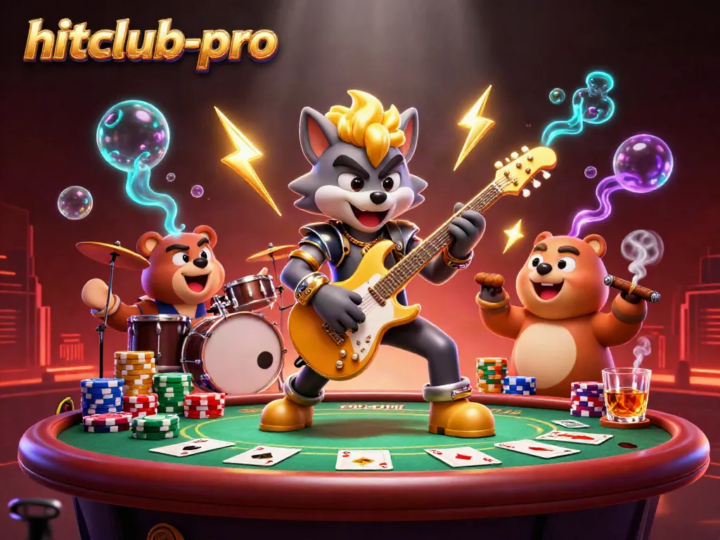 Hitclub-pro casino illustration featuring a rock star wolf and drummer bear on stage with poker elements.