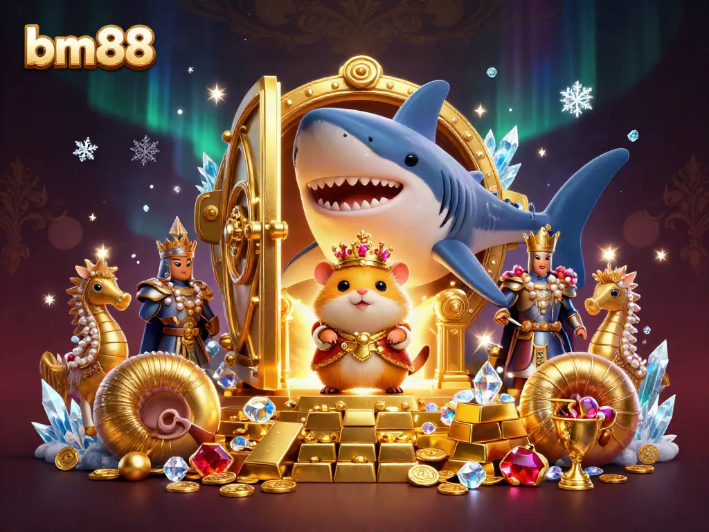 Experience thrilling gameplay with the bm88 king seated on a megalodon throne among treasures in a vibrant casino setting.