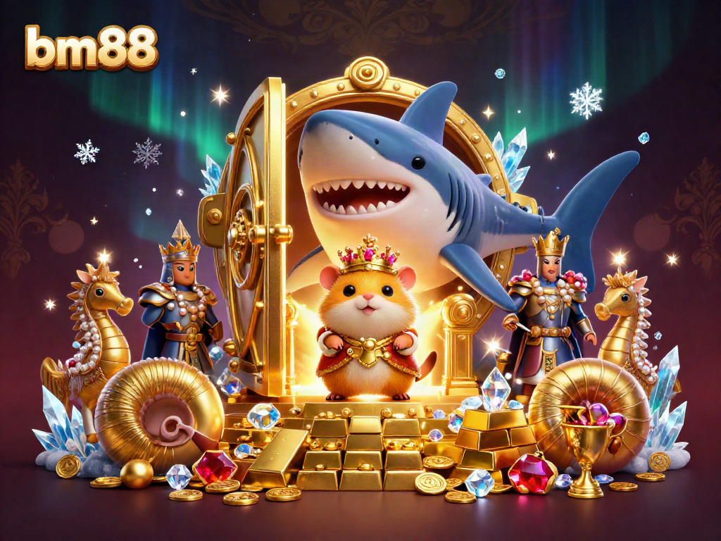 Experience thrilling gameplay with the bm88 king seated on a megalodon throne among treasures in a vibrant casino setting.