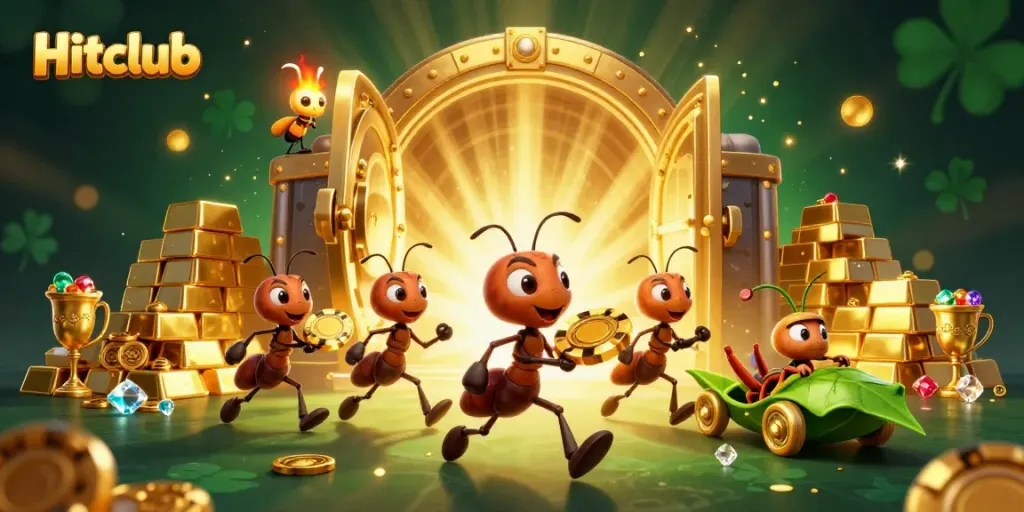 Experience the thrill of Hitclub as animated ants execute a heist carrying a golden poker chip within a cavern of treasures.