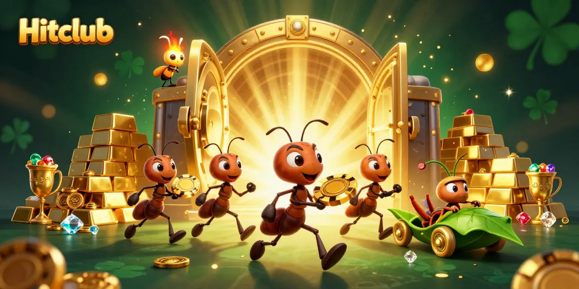 Experience the thrill of Hitclub as animated ants execute a heist carrying a golden poker chip within a cavern of treasures.
