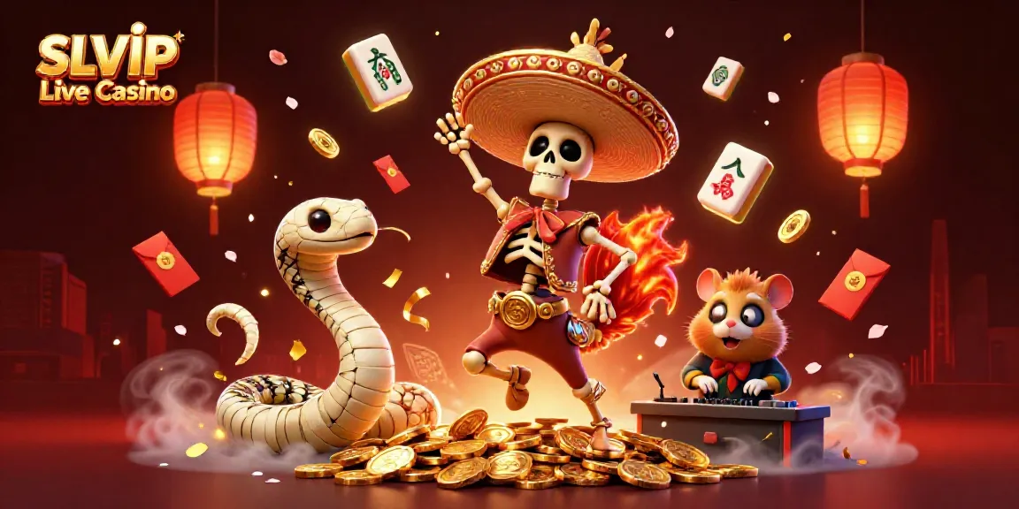 Experience thrilling wins at SLVIP Live Casino with a festive 3D illustration of vibrant characters celebrating amidst gold and casino elements.