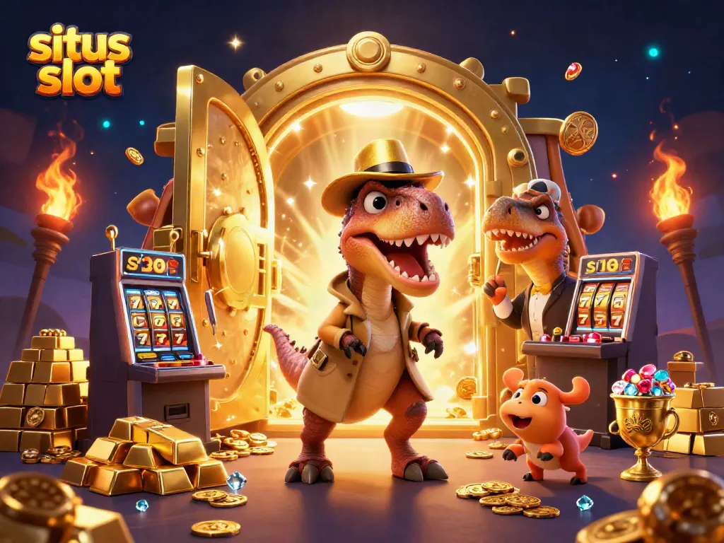 Experience the thrill of situs slot gaming with a scene featuring a velociraptor and stegosaurus at the slot machine.