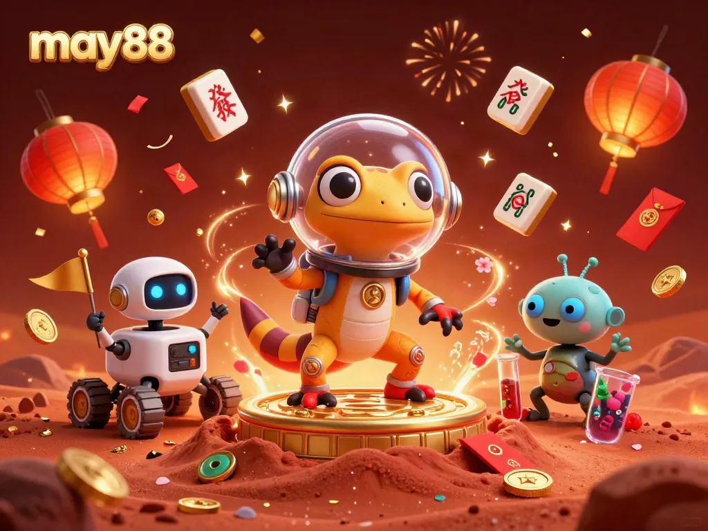 Explore the vibrant may88 casino scene with a Martian gecko and its robot sidekick celebrating wins.