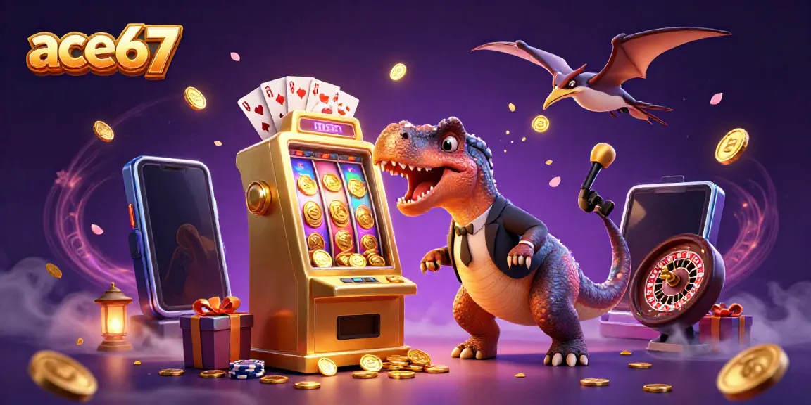 Experience the excitement at ace67, featuring a dinosaur headbutting a slot machine amidst flying coins and casino elements.